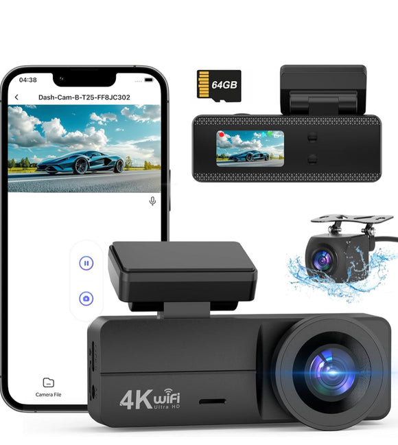 4K Dash Cam Front and Rear, WiFi Dash Cam with 64GB Card, 4K+1080P Dash Camera for Cars, WiFi Car Camera with App Control, 1.47