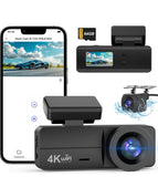 4K Dash Cam Front and Rear, WiFi Dash Cam with 64GB Card, 4K+1080P Dash Camera for Cars, WiFi Car Camera with App Control, 1.47" Screen DashCam with 24H Parking Monitor,G-Sensor