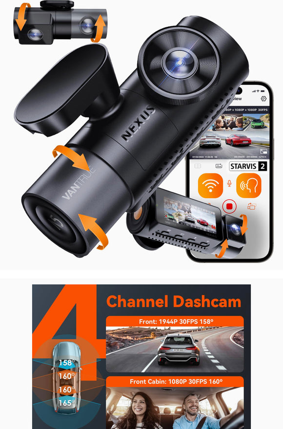 Vantrue N5 4 Channel WiFi 360° All Sides Dash Cam, STARVIS 2 IR Night Vision, 2.7K+1080P*3 Front Rear Inside Dashcam, Voice Control, GPS, 24 Hours Buffered Parking Mode Dash Camera, Support 512GB Max