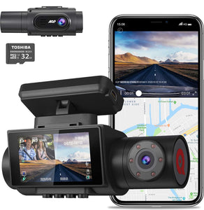 4K Dual Dash Cam, 3840x2160P Ultra HD Front and 1080P Inside Car Dash Camera, Built-in GPS WiFi Dual Sony Sensors IR Night Vision Parking Monitor G-Sensor 32G SD Card for Cars Truck Taxi
