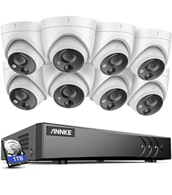 CCTV Camera System 8 Channel 5MP 5-in-1 H.265+ DVR and 8 x 1080P HD Weatherproof Dome Cameras, PIR Detection, White Light Alarm, Email Alert with Snapshots, 1 TB Hard Drive – E200