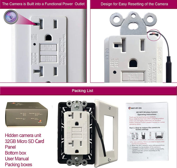 Spy Camera Hidden in Functional AC GFCI Outlet, Optional Night Vision Camera with Independent Hidden Infrared Lamp. (Lens Level with Night Vision)
