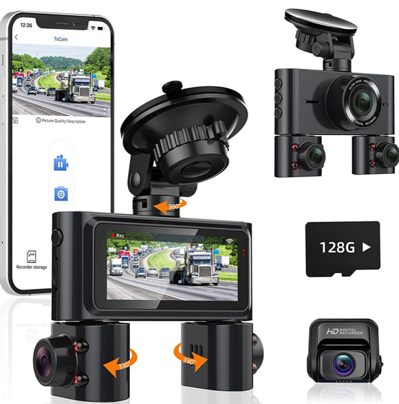 360° Dash Cam, 4 Channel Quad Camera Front, Left, Right, and Rear with WIFF, 3.16” IPS Screen, Adjustable Lens Dash Camera for Cars with Night Vision, G-Sensor, Free 128GB Card