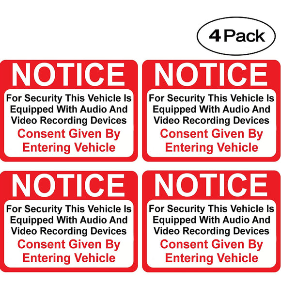 Notice Vehicle is Equipped with Audio and Video Recording Devices Consent by Entering Sticker - Self Adhesive