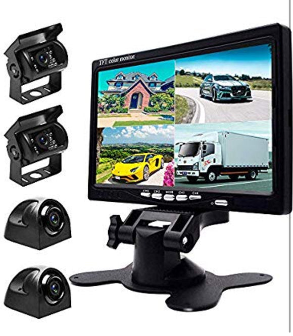 9V-24V Car Backup Camera Kit, 7 Inch HD Quad Split Monitor + 4 x Waterproof IR Night Vision Front Rear Side View Cameras and 33ft AV Cables, Mirror/Normal Image