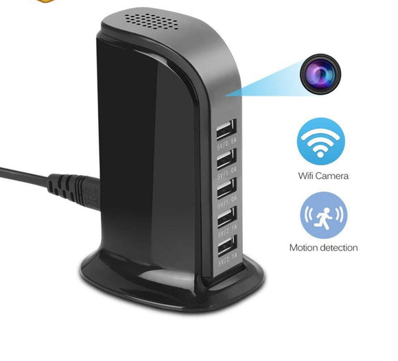 Charging Station 1080P Mini Wireless Nanny Cam with 5-USB Port Plug Motion Detection, Loop Record,Phone Charging and More